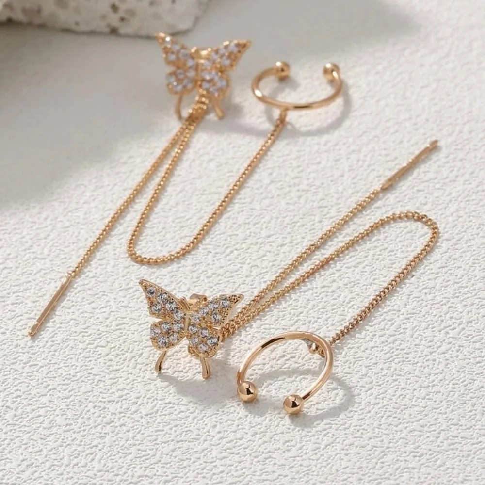 2pcs Cubic Zirconia Butterfly Decor Chain Linked Earring Yellow Gold Jewelry